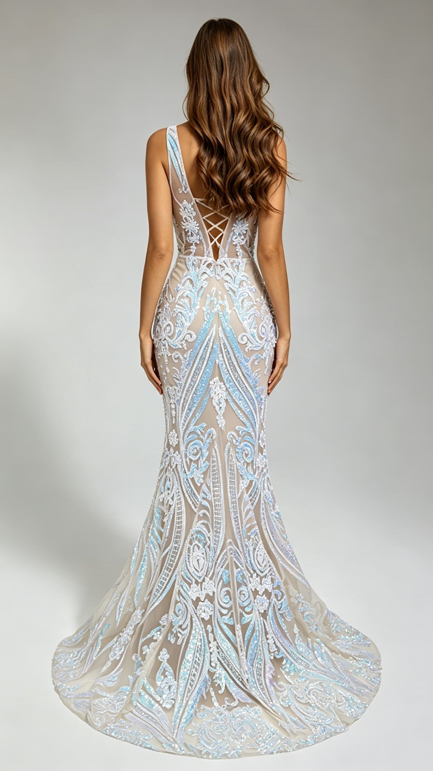 Classy Mermaid White Evening Gowns V Neck Tulle & Sequins Long Formal Dress LFNG0022