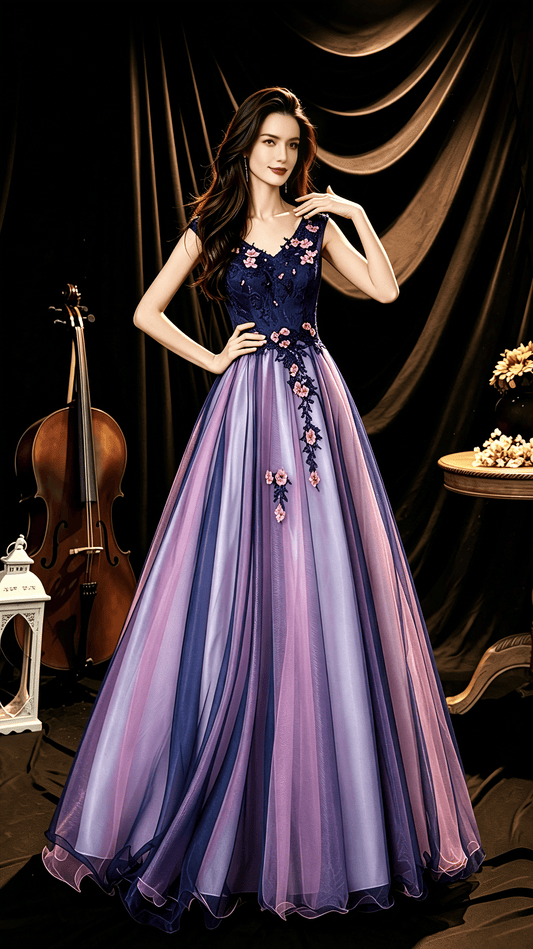 Classy A-line Purple Evening Dress V Neck Tulle Long Formal Dress LFNC0388