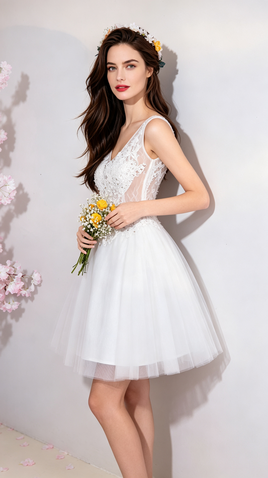 Simple A-line White Evening Dress V Neck Tulle Short Formal Dress LFNC0389