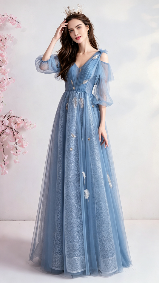 Flattering A-line Blue Evening Dress V Neck Tulle Long Formal Dress LFNC0402