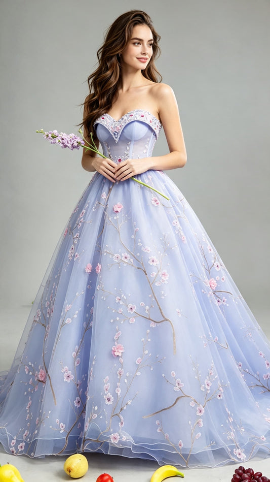 Graceful A-line Light Blue Evening Dress Sweatheart Neck Tulle Ball Gown LFNC0162