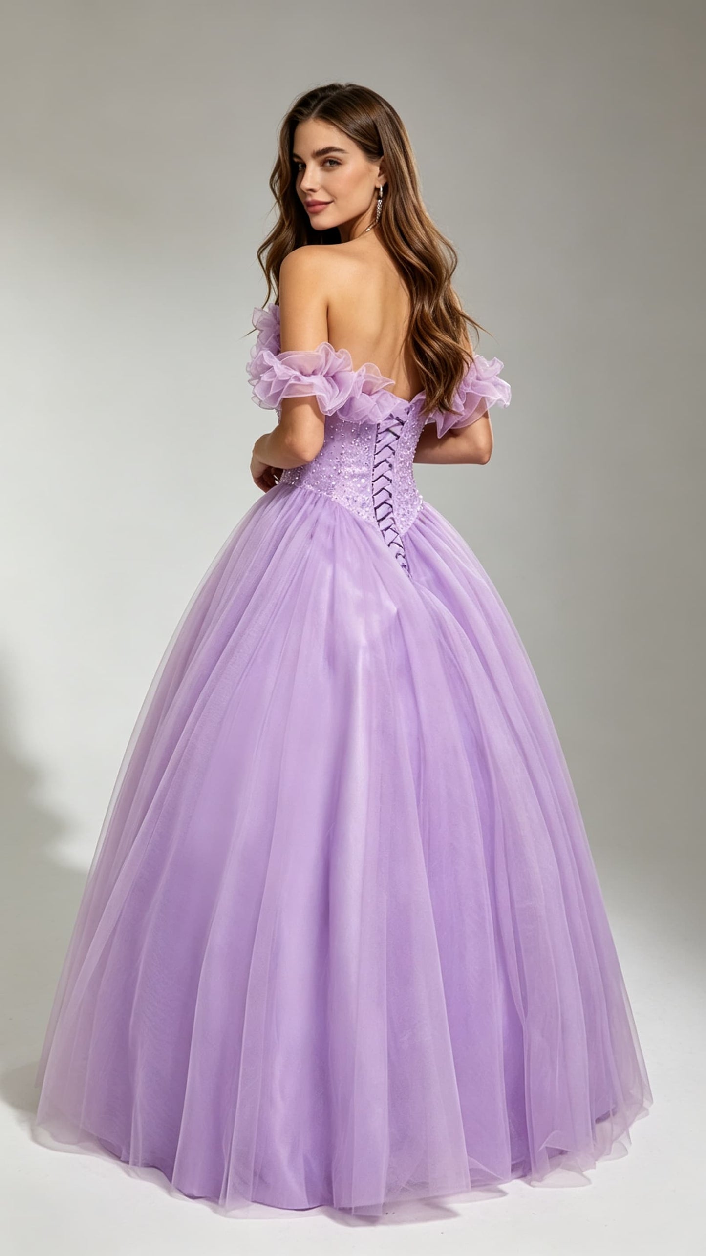Gorgeous High Waist Purple Ball Gown Off Shoulder Tulle & Floral Long Formal Dress LFNG0021