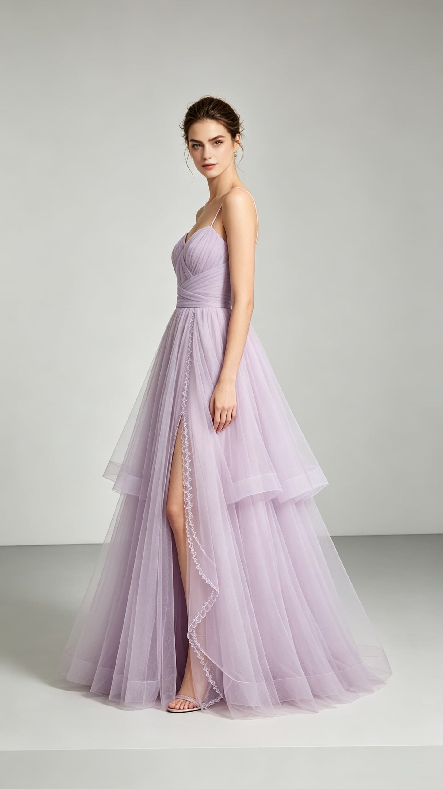 Soft A-line Purple Evening Gowns Straps Tulle Maxi Dress LFNL0743