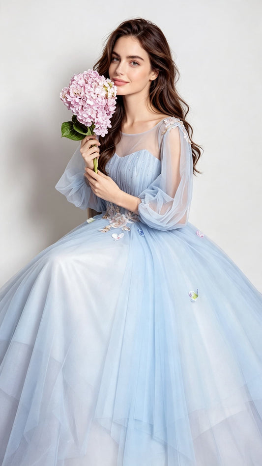 Effortless A-line Light Blue Evening Dress Round Neck Tulle Ball Gown LFNC0170