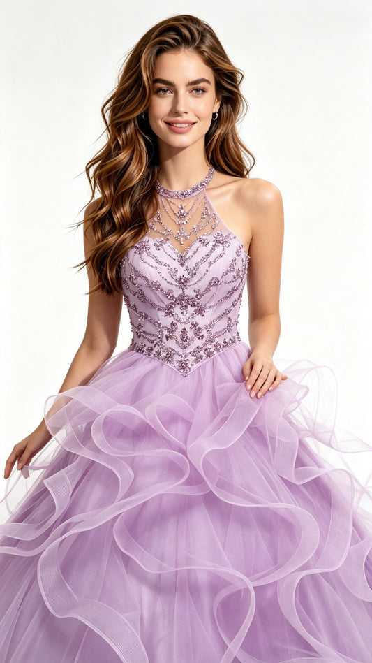 Beaded Ruffled Ball Gown Lavenbder Wedding Halter Tulle Floor Length Evening Dress LFNG0044