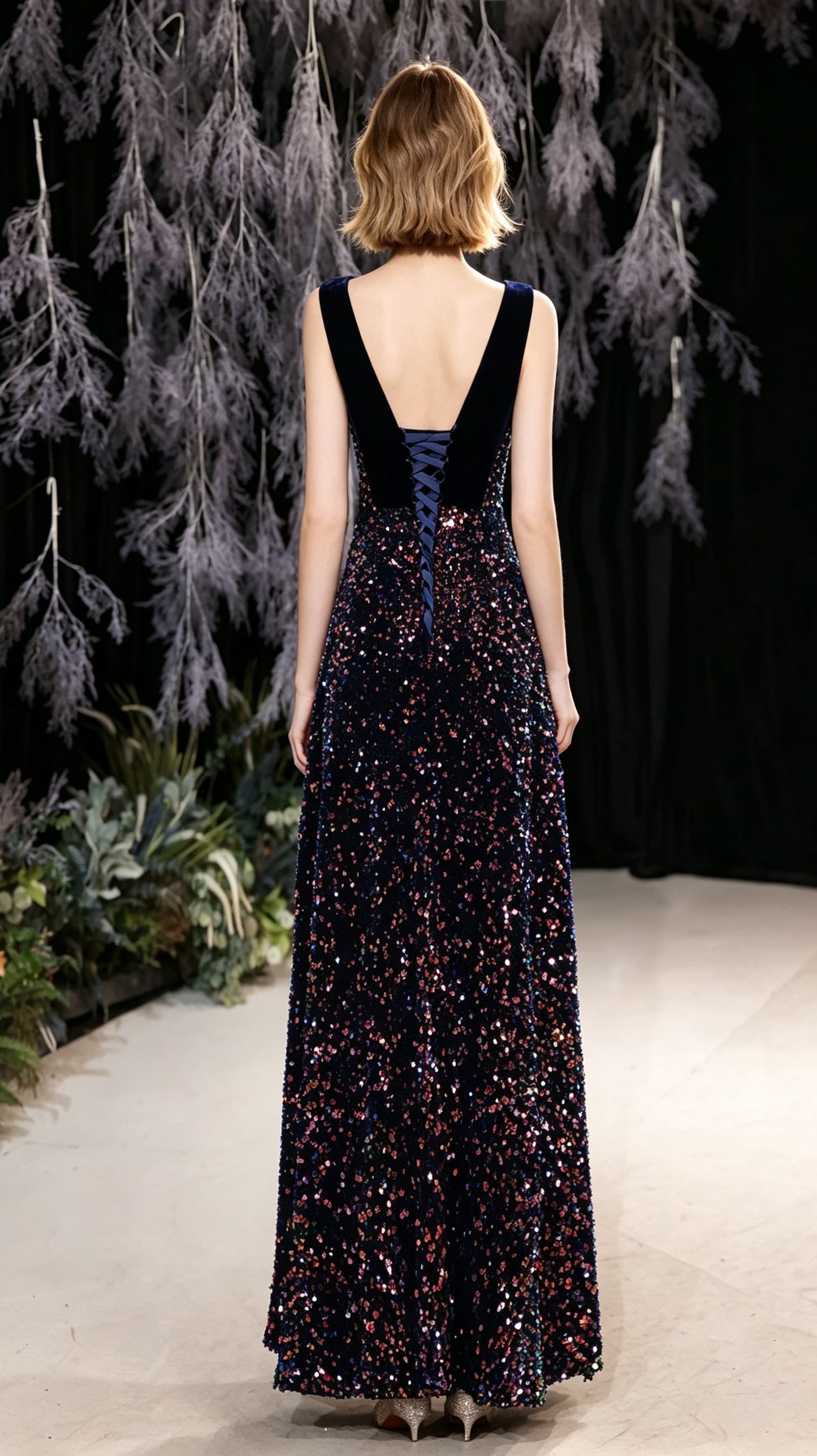 2026 A-line Black Evening Dress V Neck Sequins Long Formal Dress LFNC0437