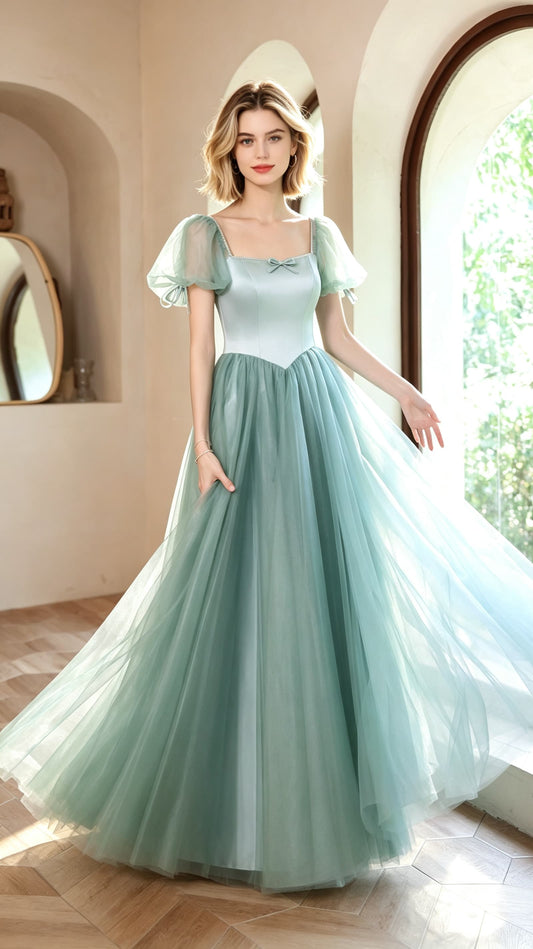 Sleek A-line Green Evening Dress Square Collar Satin Tulle Long Formal Dress LFNC0374