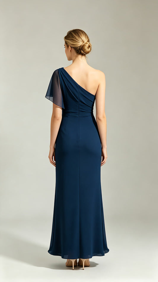 Back view of navy one-shoulder mermaid evening gown, customisable closure, fitted crepe skirt with side slit