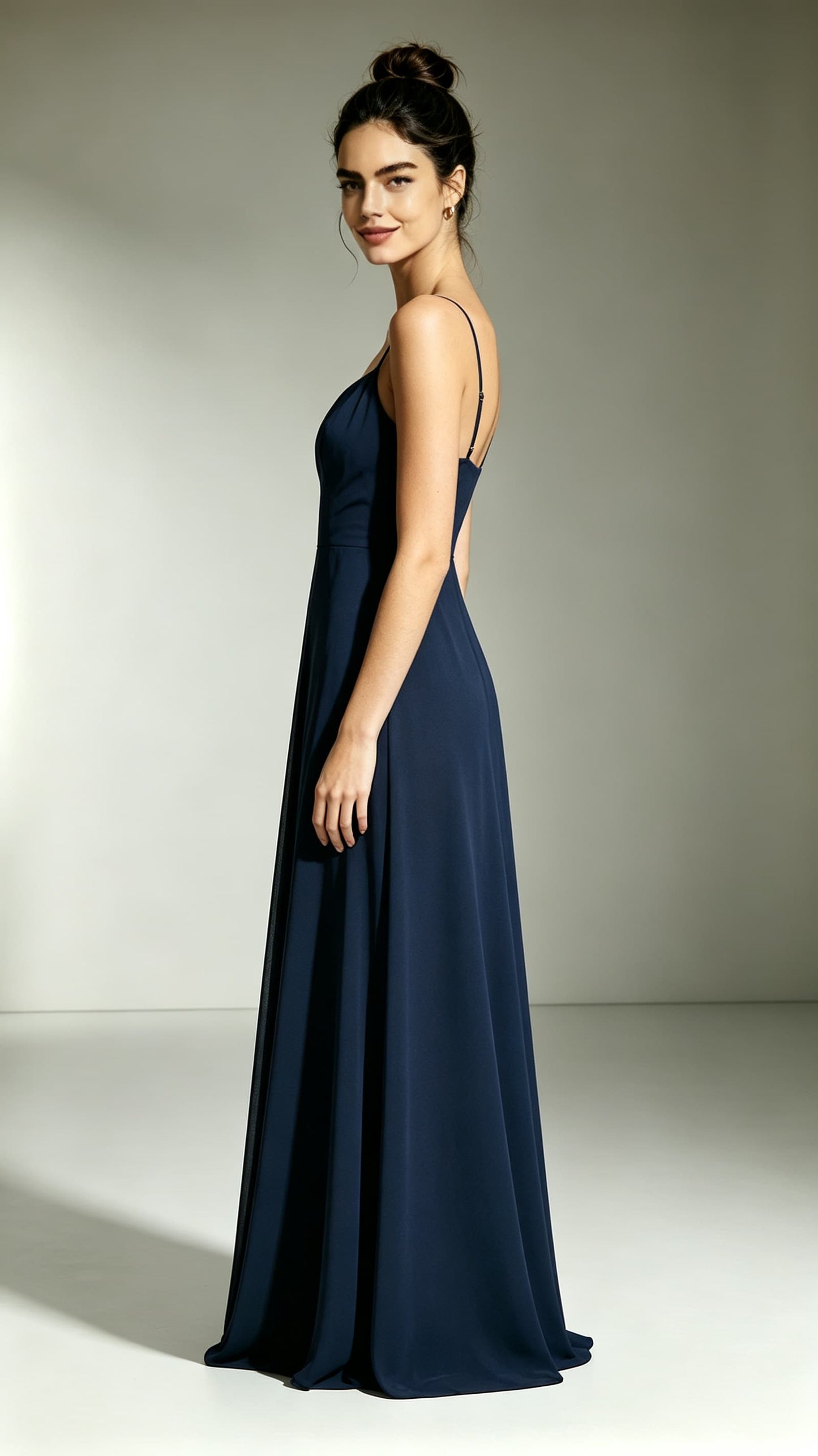 Feminine A-line Navy Blue Evening Gowns Straps Polyester Prom Gowns LFNL0746