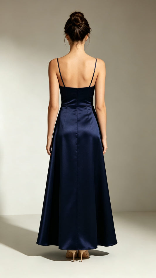 Dreamy A-line Navy Blue Evening Gowns Straps Satin Prom Gowns LFNL0745