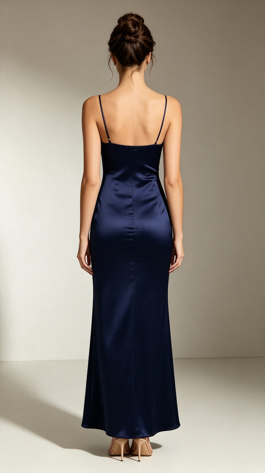 Simple Mermaid Navy Blue Evening Gowns Straps Satin Maxi Dress