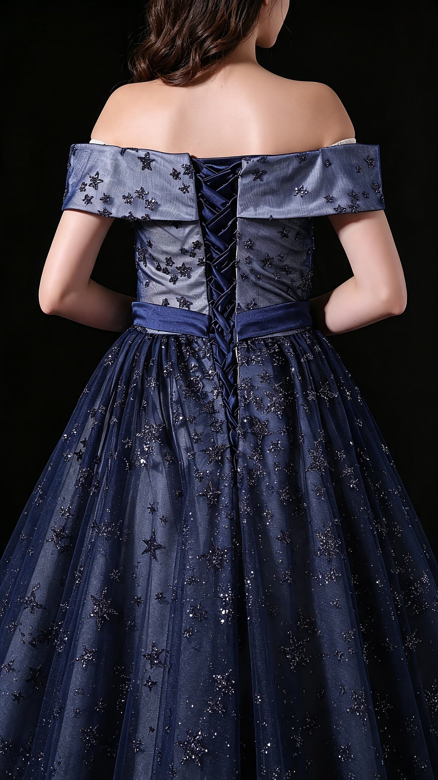Elegant A-line Blue Evening Gowns Off the Shoulder Tulle Long Formal Dress LFNL0621