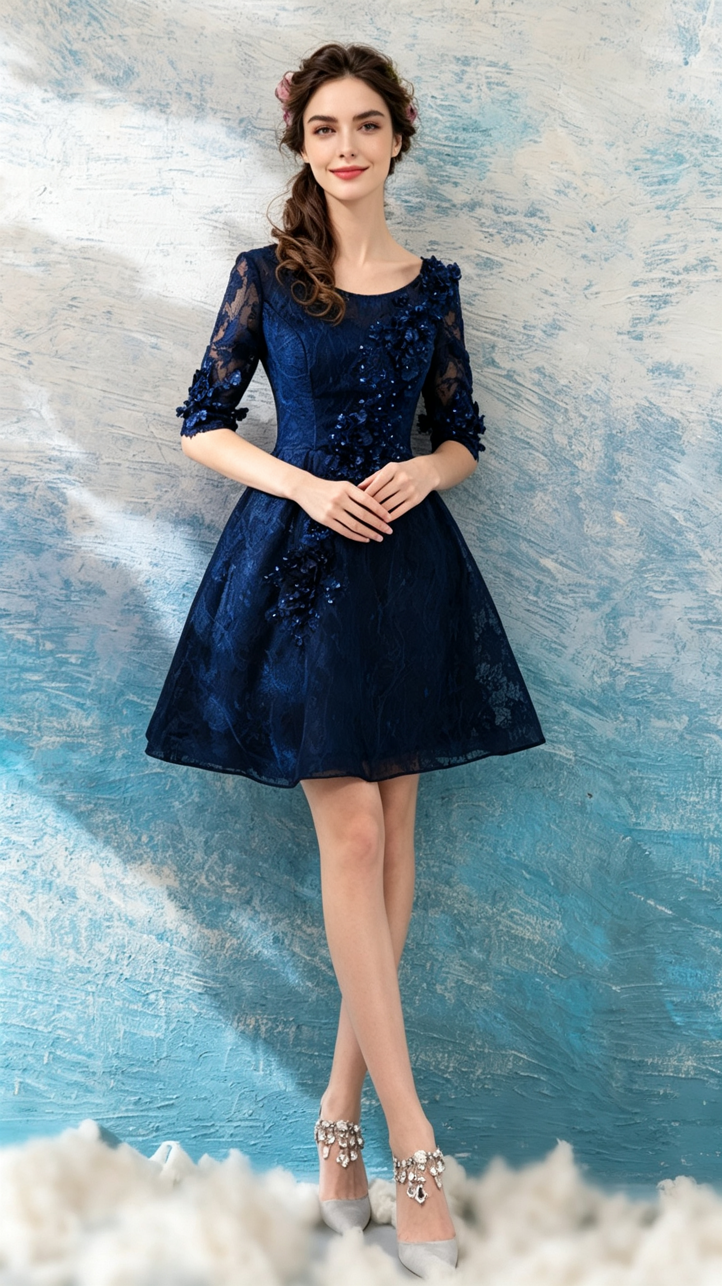 Polished A-line Blue Evening Dress Round Neck Vinylon Short Formal Dress LFNC0412