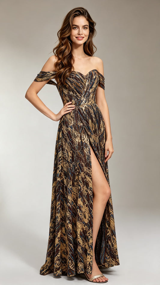 Soft A-line Brown Evening Dress Off the Shoulder Acrylic Long Formal Dress LFNL0616