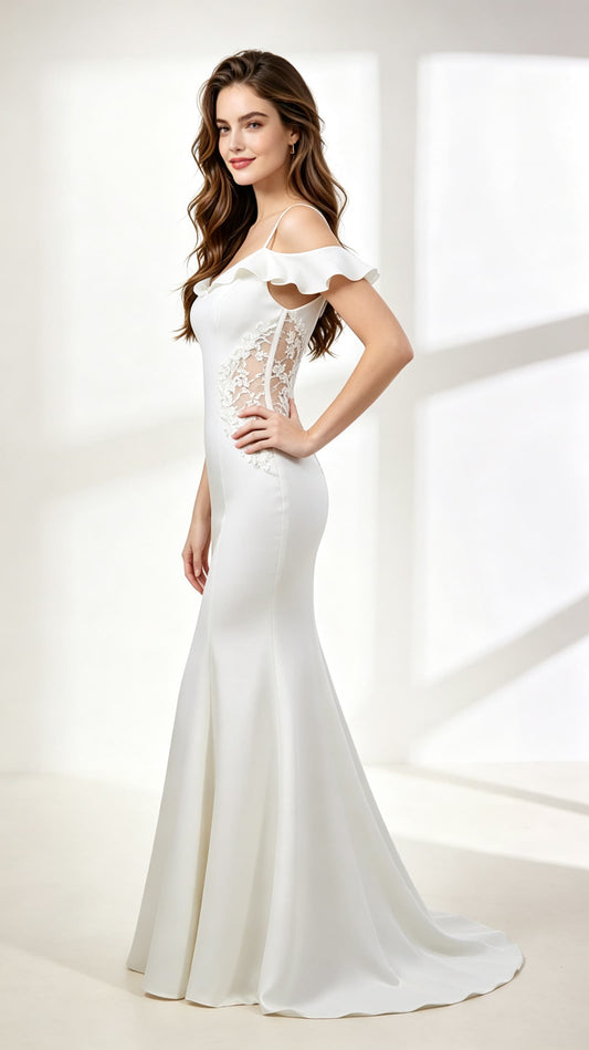 Elegant Mermaid White Evening Gowns Straps Satin&Lace Long Formal Dress LFNG0034