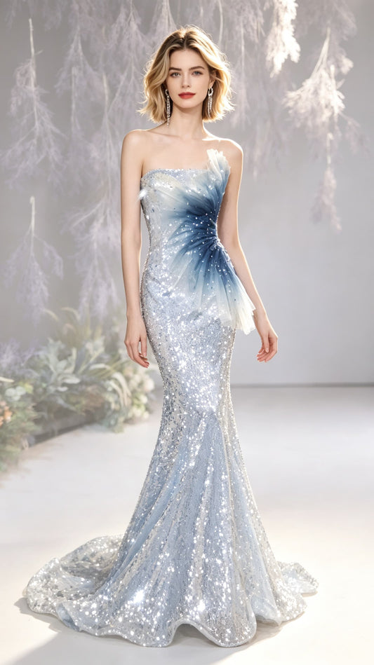 Classy Mermaid Blue Evening Dress Strapless Sequins Long Formal Dress LFNC0432