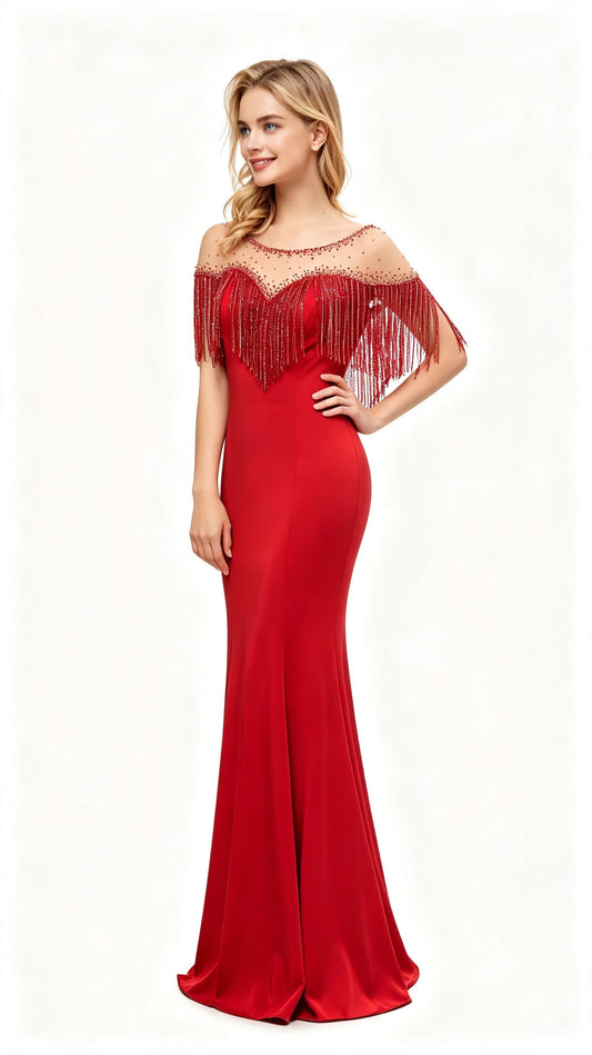 Polished Mermaid Red Evening Dress Round Neck Tulle Polyester Maxi Dress LFNL0633