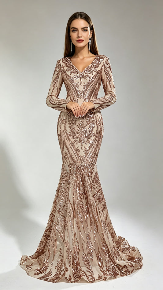 Eye-catching Mermaid Rose Gold Evening Gowns V Neck Sequins&beads Long Formal Dress LFNG0018