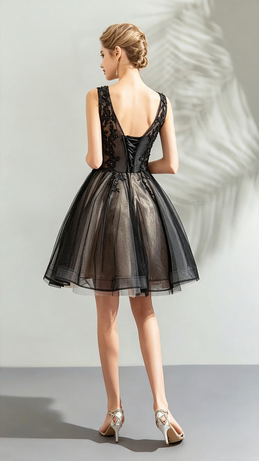 Feminine A-line Black Evening Dress V Neck Tulle Short Formal Dress LFNC0392