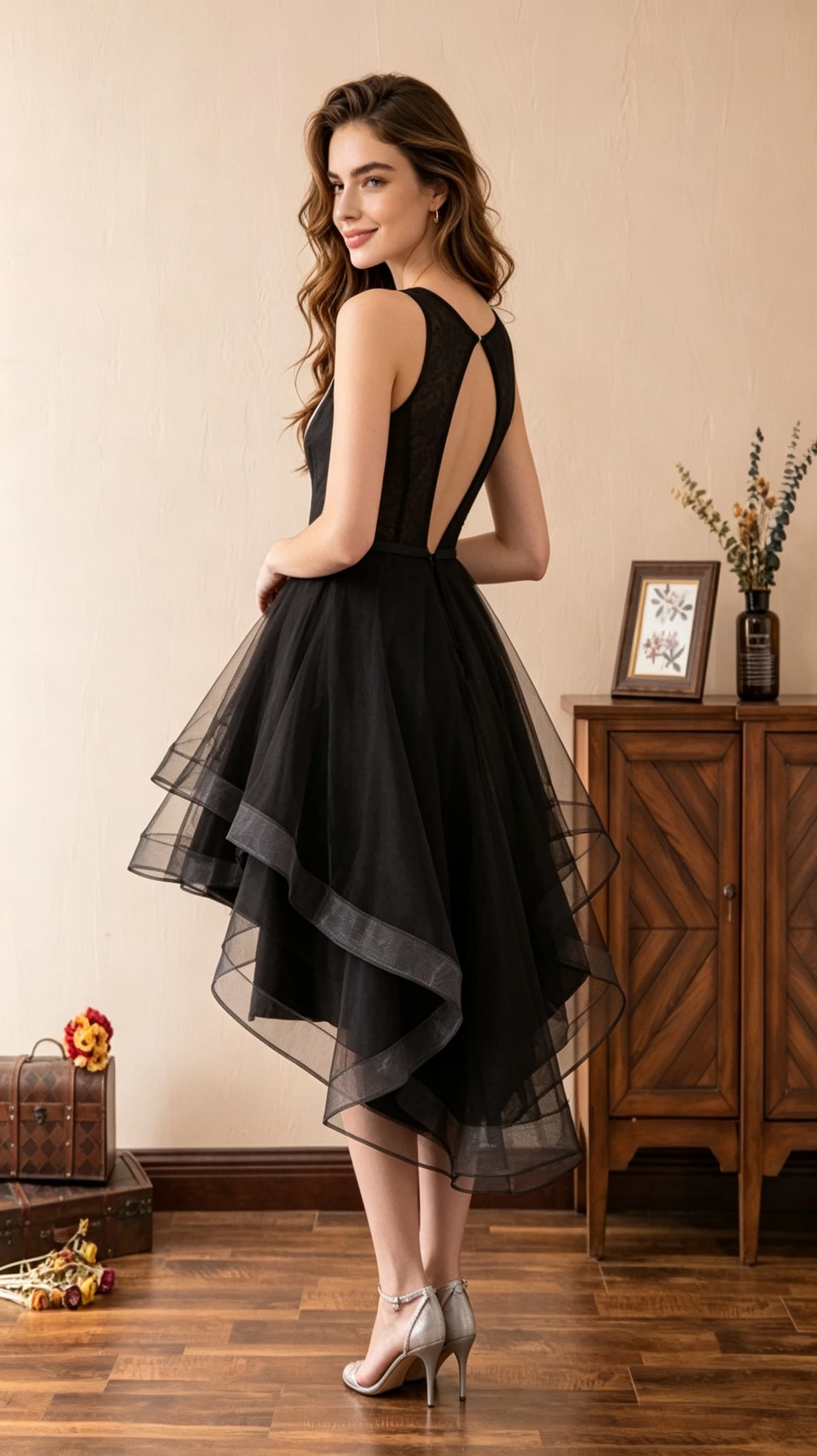 Elegant A-line Black Evening Dress Tulle High Low LFNL0600