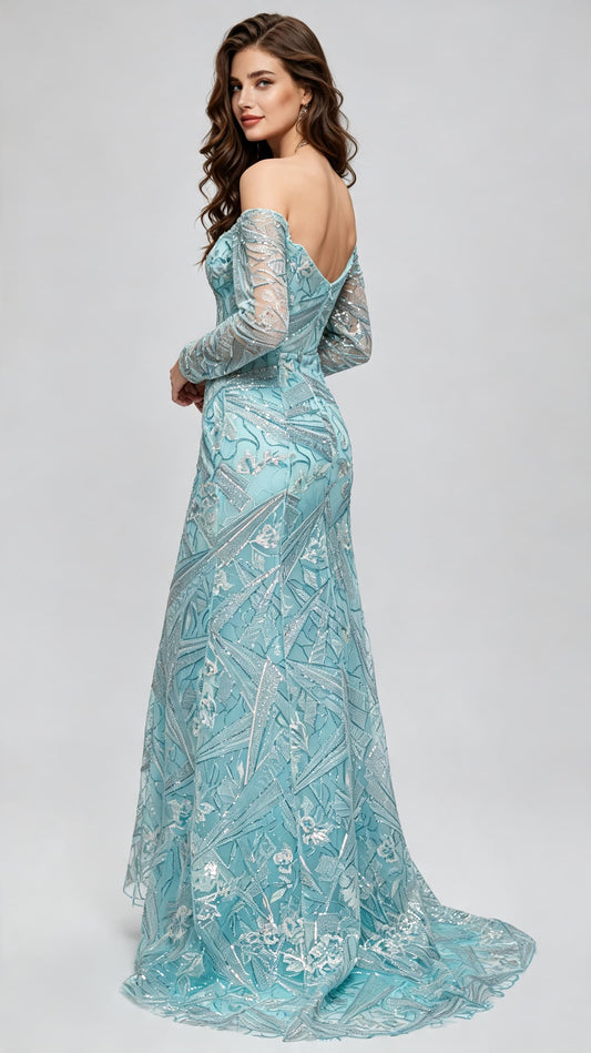 Polished Mermaid Blue Evening Gowns Off the Shoulder Lace Appliqué Long Formal Dress LFNL0670