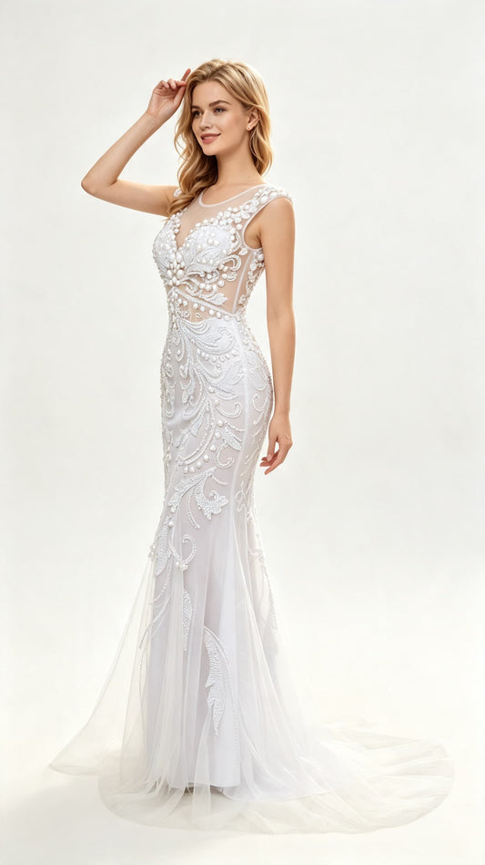 Gorgeous Mermaid White Evening Gowns Round Neck Tulle Bridal Dress LFNL0630