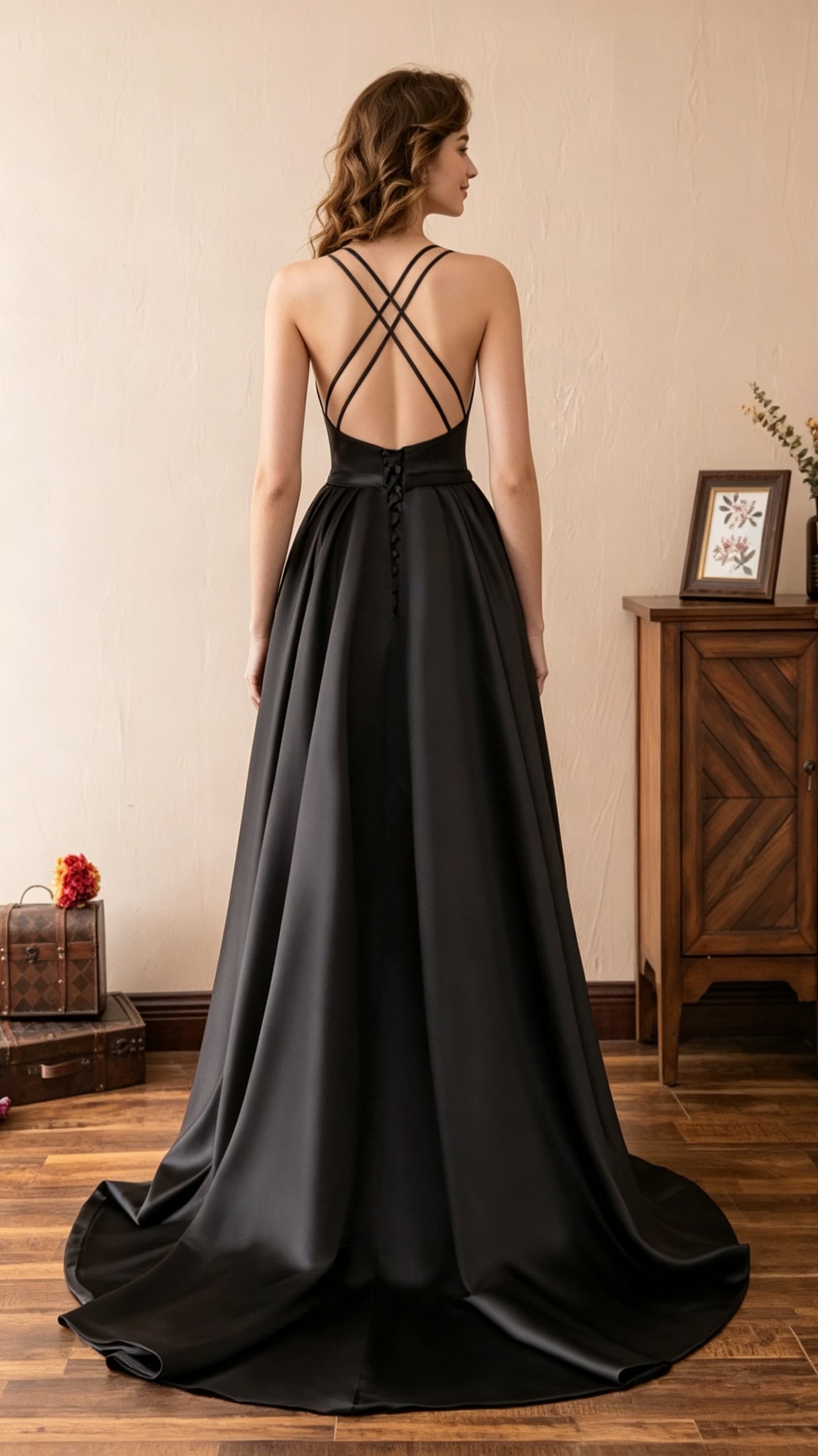 Flattering A-line Black Evening Dress V Neck Satin Long Formal Dress LFNL0602