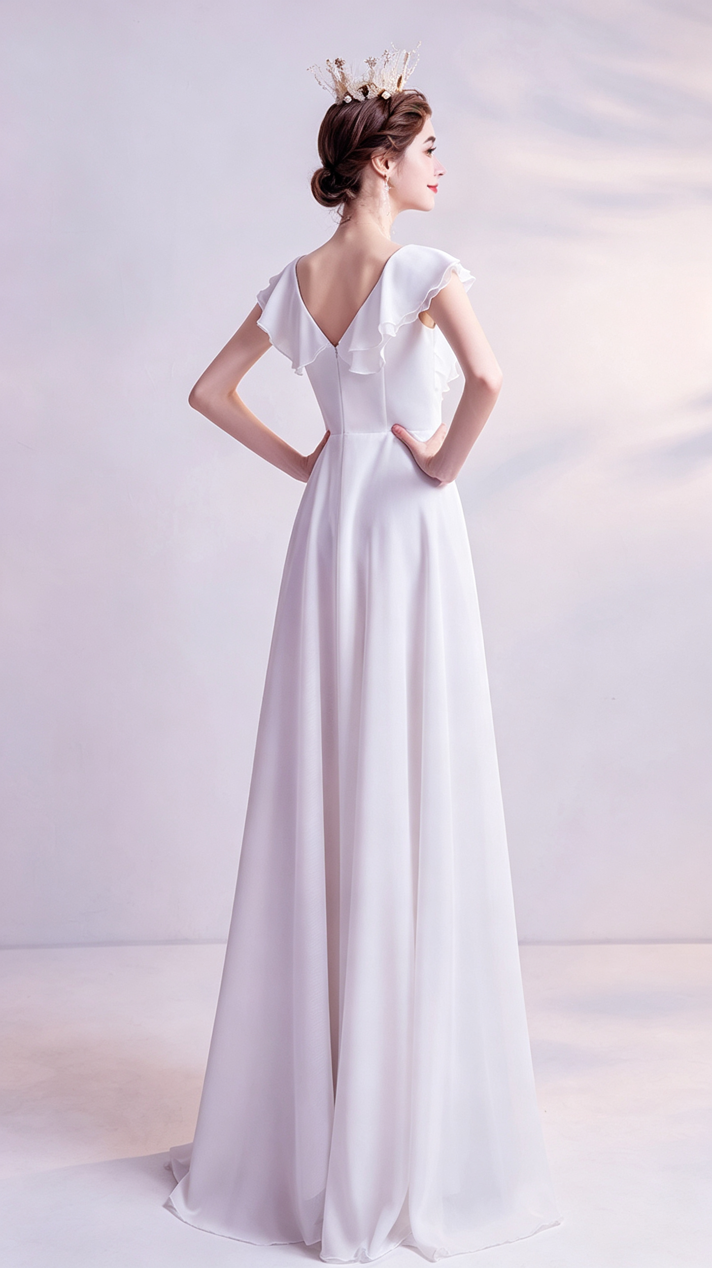 Feminine A-line White Evening Dress V Neck Chiffon Long Formal Dress LFNC0349