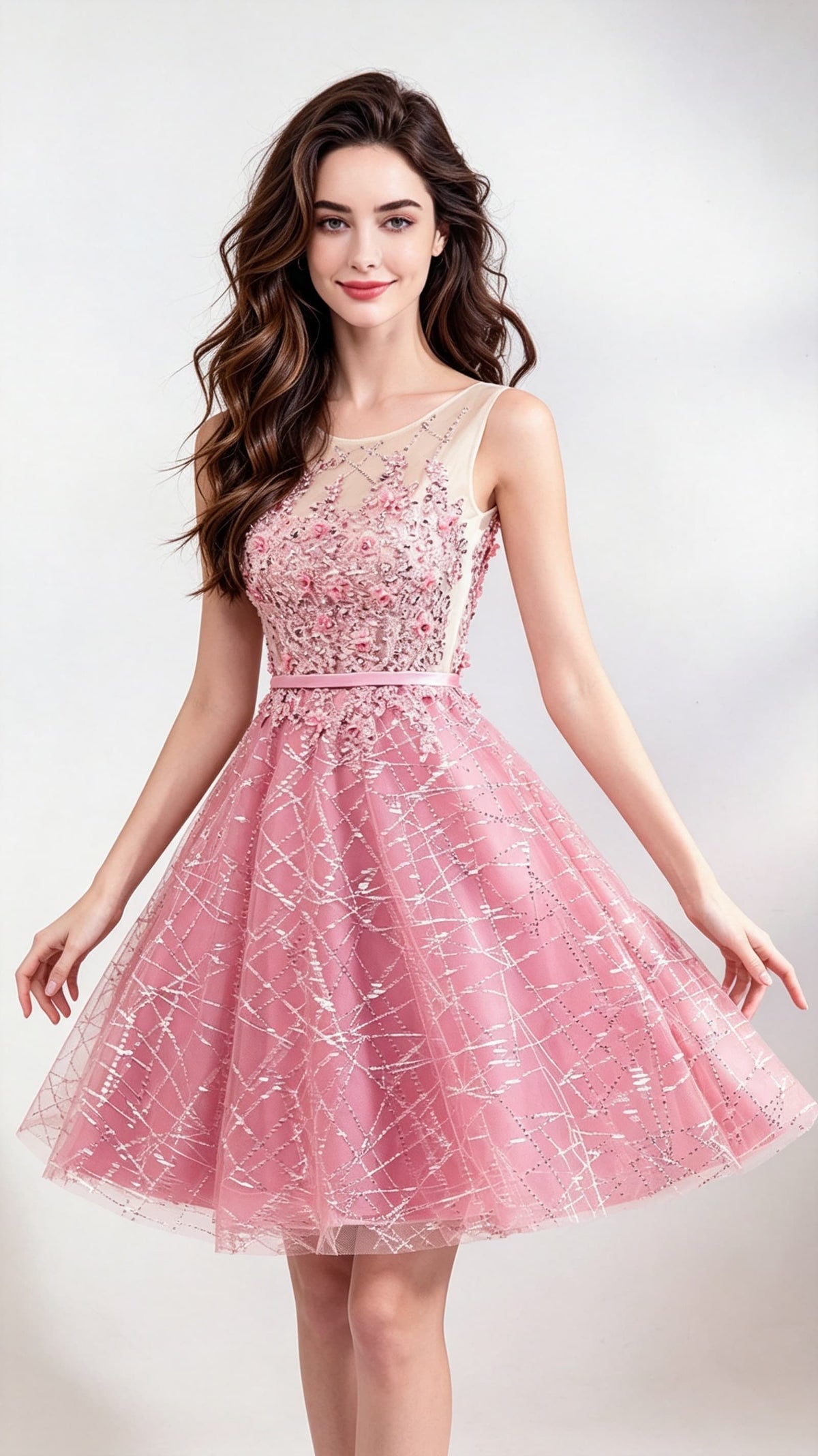 Eye-catching A-line Pink Evening Dress Round Neck Organza Short Formal Dress LFNC0168