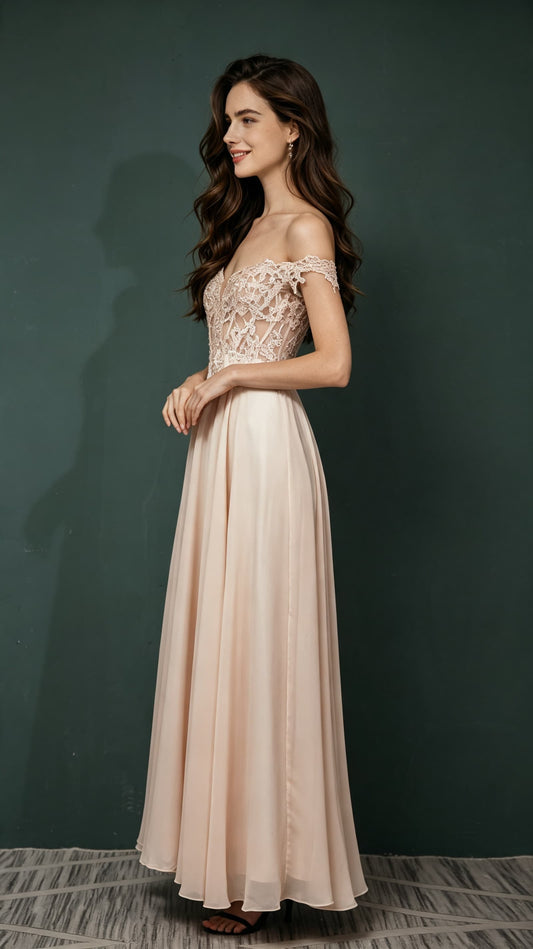 Gorgeous A-line Pink Evening Gowns Off the Shoulder Chiffon Long Formal Dress LFNL0667