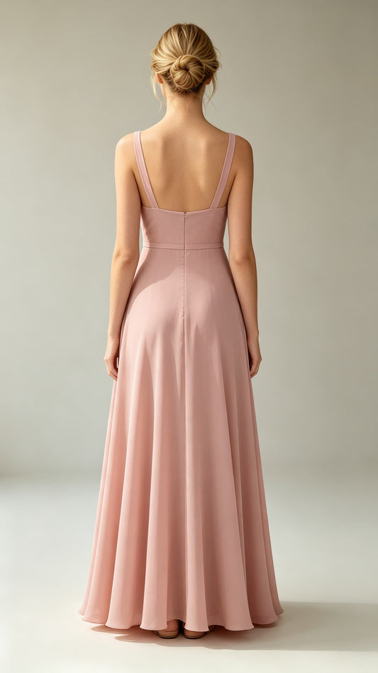 Effortless A-line Pink Evening Gowns V Neck Chiffon Maxi Dress LFNL0779