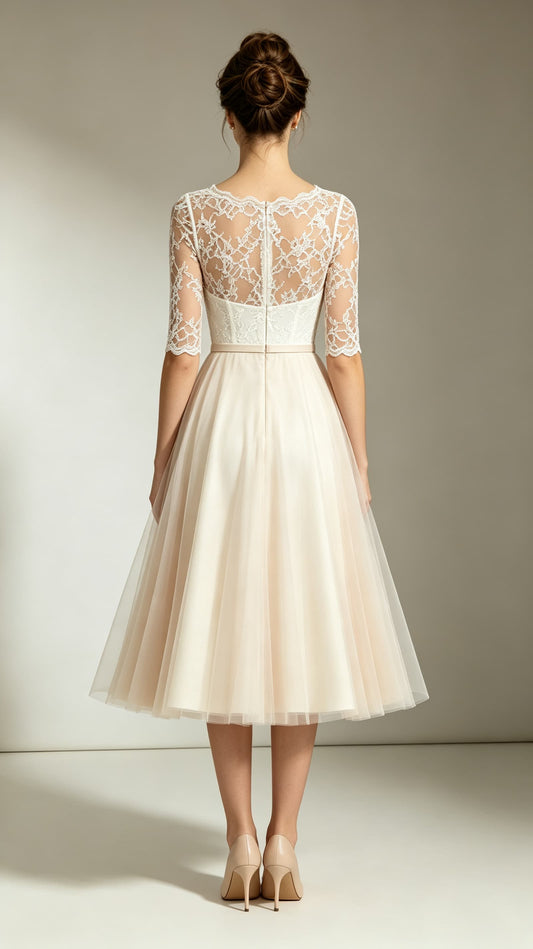 Romantic A-line Champagne Evening Gowns Round neck Lace Tulle Midi Length Formal Dress LFNL0786