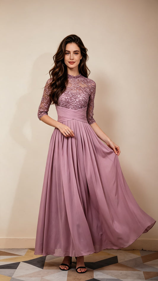 Classy A-line Purple Evening Gowns High Collar Chiffon Lace Long Formal Dress LFNL0668
