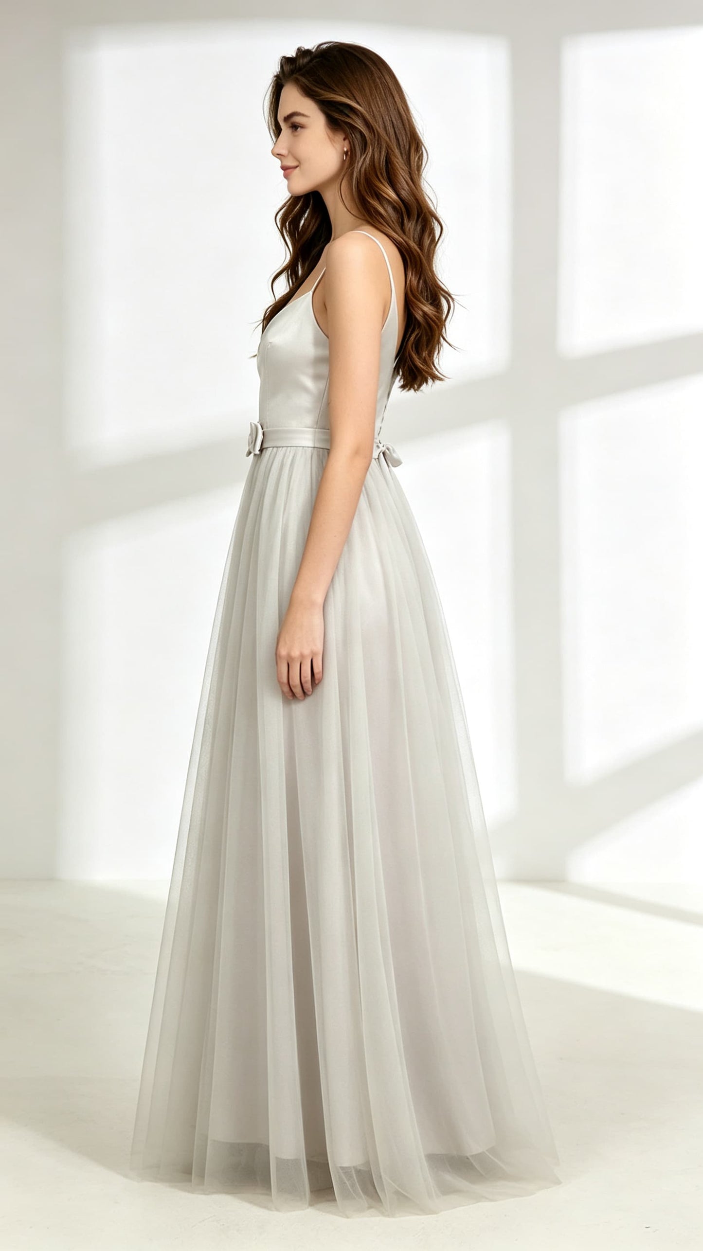 Flowy A-line Grey Evening Dress V Neck Tulle Long Formal Dress LFNL0604
