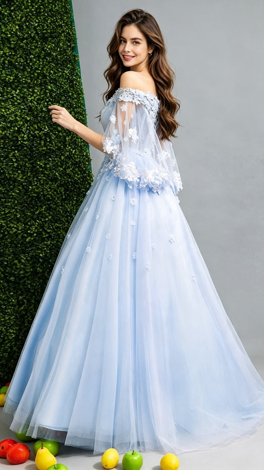 Beautiful A-line Light Blue Evening Dress Off Shoulder Tulle Ball Gown LFNC0163