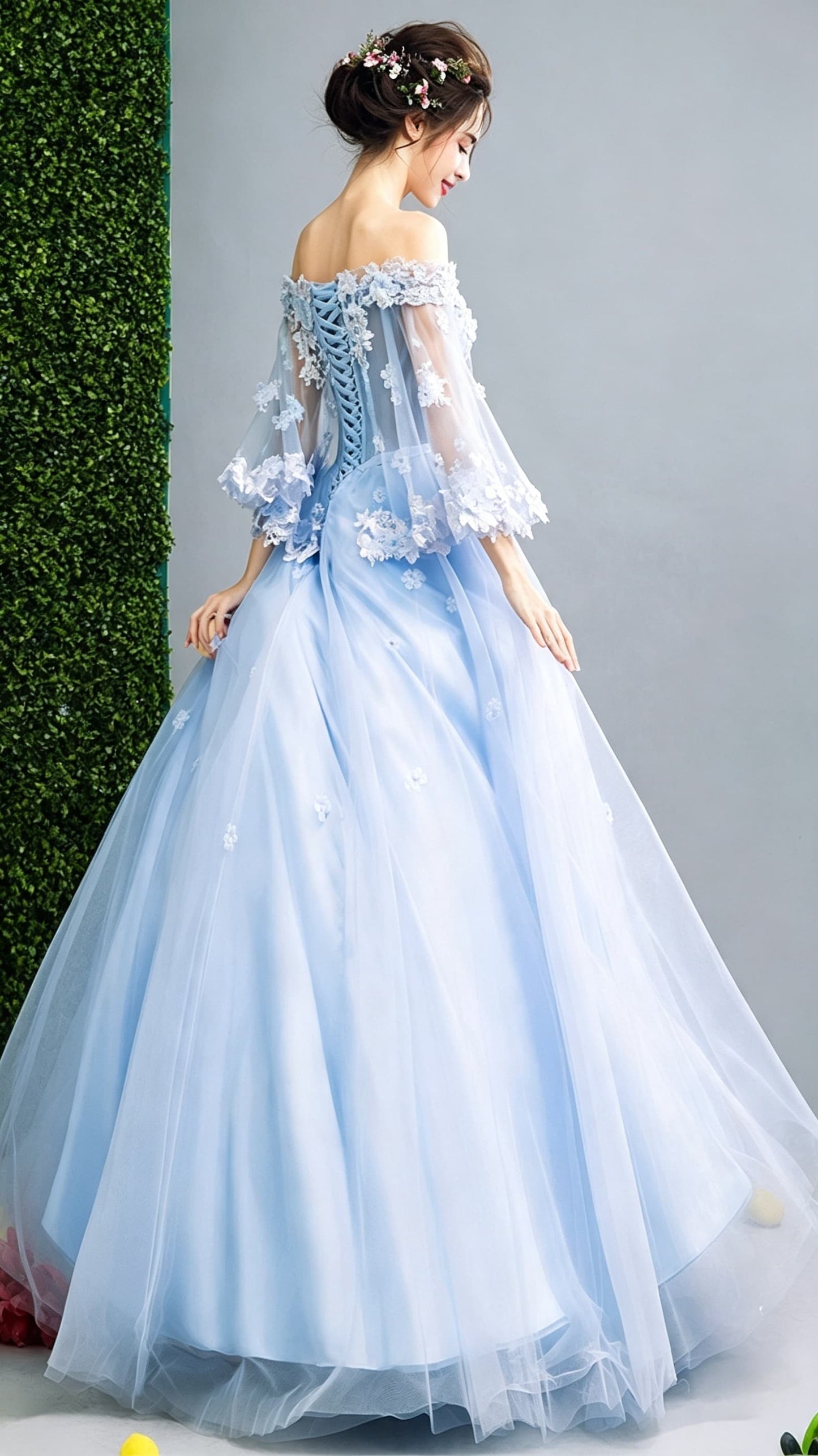Beautiful A-line Light Blue Evening Dress Off Shoulder Tulle Ball Gown LFNC0163