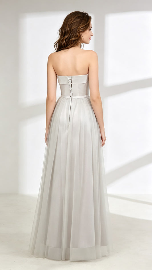 Beautiful A-line Grey Evening Dress Strapless Tulle Long Formal Dress LFNL0606