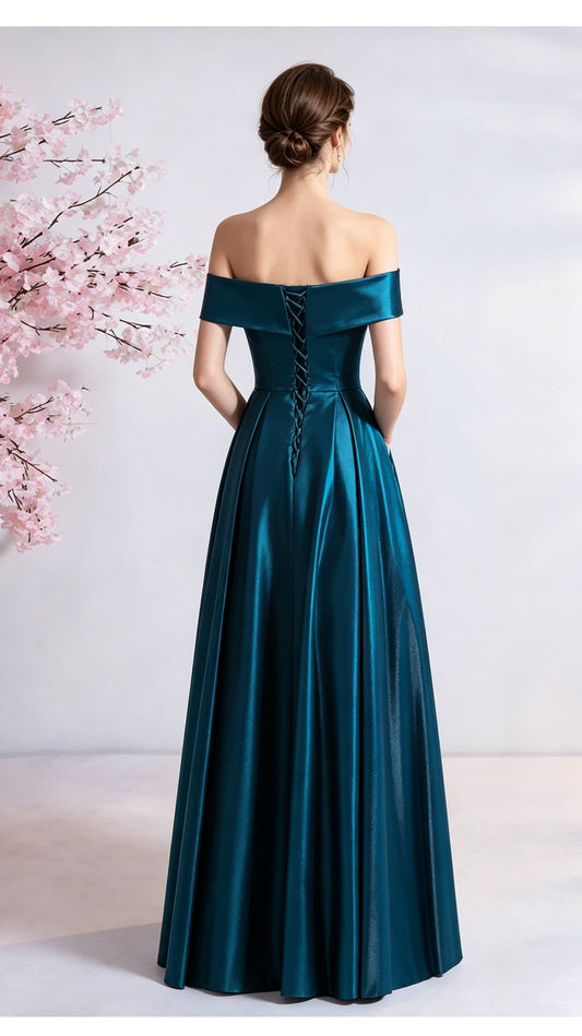 Polished A-line Blue Evening Gowns Off the Shoulder Satin Maxi Dress LFNL0692