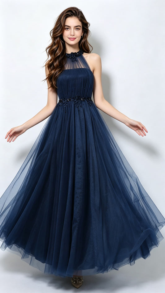 Beautiful tailored A-line Navy Blue Evening Dress Halter Organza Long Formal Dress LFNC0165
