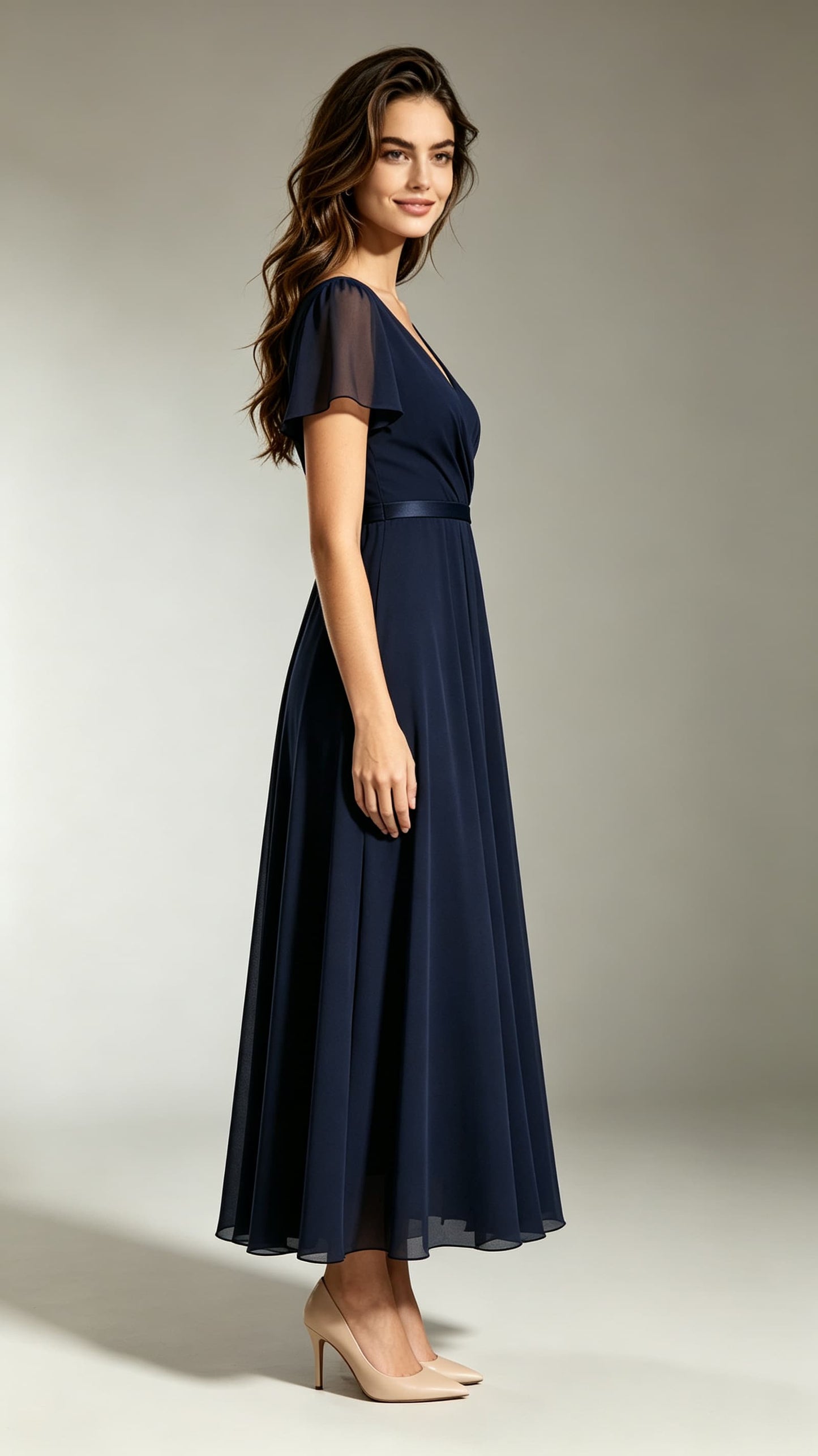 Soft A-line Blue Bridesmaid Gowns V Neck Chiffon Maxi Dress LFNL0696