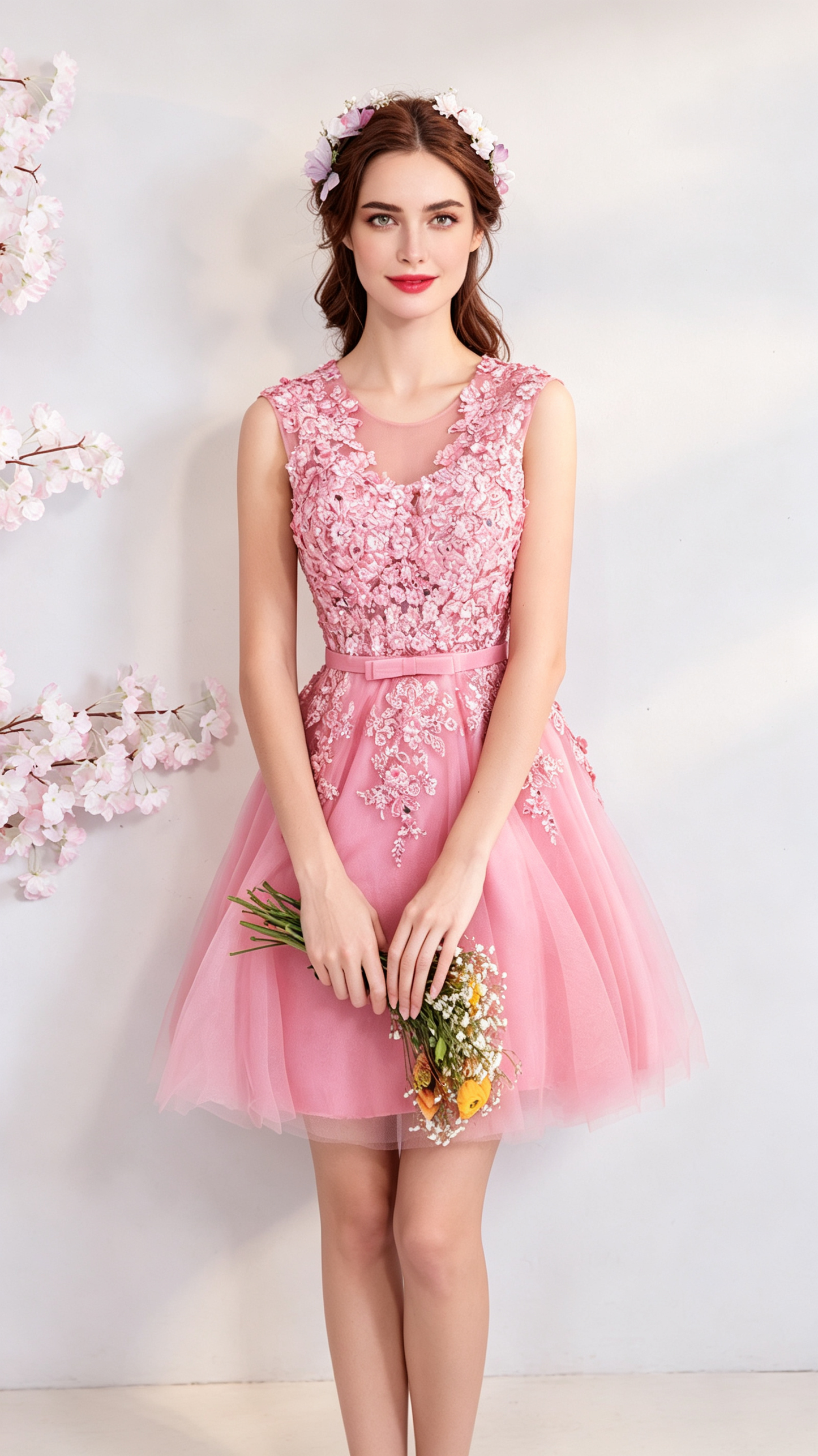 Polished A-line Pink Evening Dress Round Neck Tulle Short Formal Dress LFNC0390
