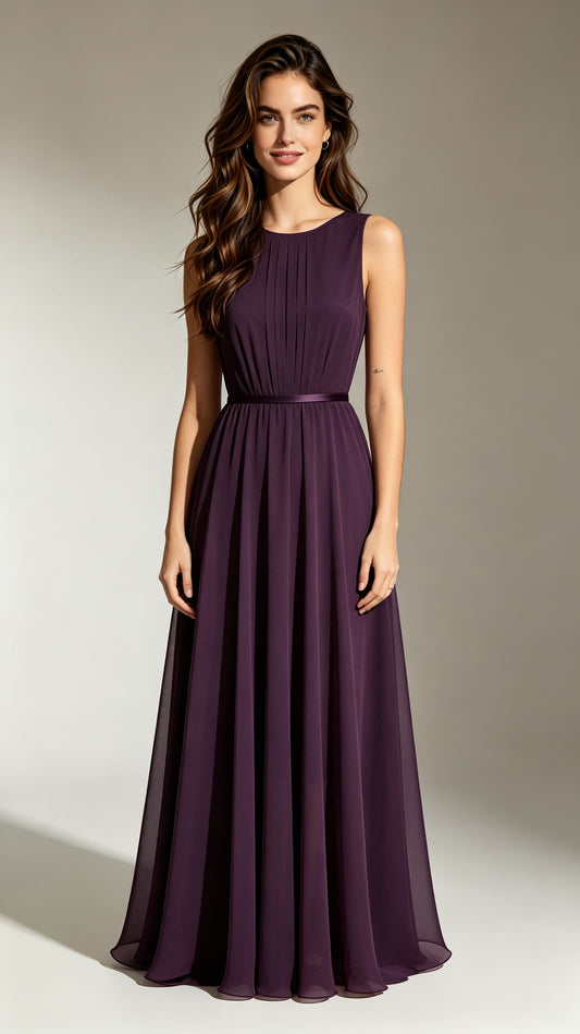 Elegant A-line Purple Bridesmaid Gowns Round neck Chiffon Long Formal Dress LFNL0712