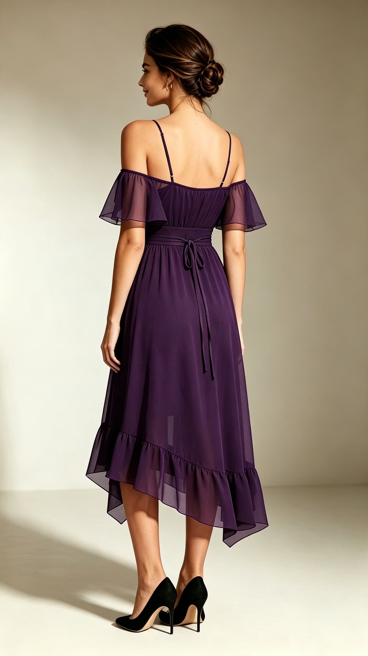 Timeless A-line Purple Bridesmaid Gowns Straps Chiffon Midi Length Formal Dress LFNL0710
