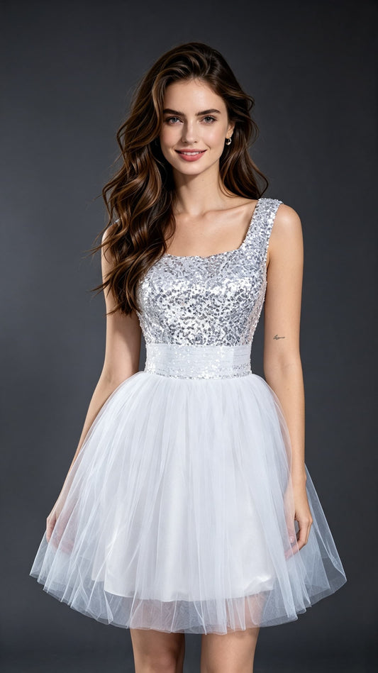 Dreamy A-line White Homecoming Dress Straps Sequins&Lace Short Formal Dress LFNL0611