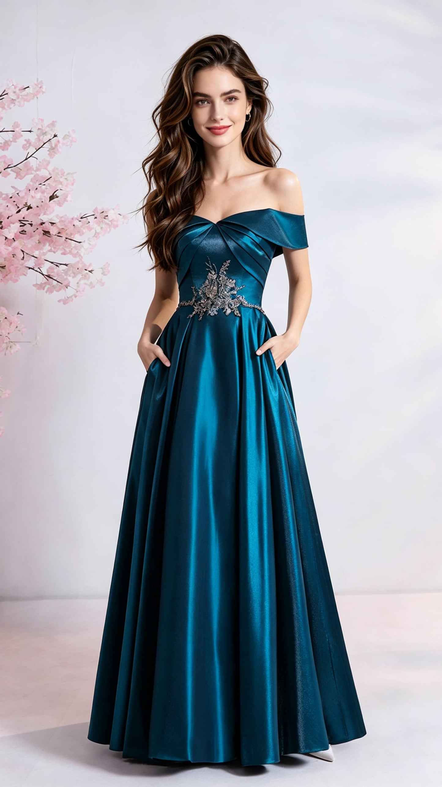 Polished A-line Blue Evening Gowns Off the Shoulder Satin Maxi Dress LFNL0692