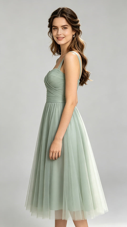 Eye-catching A-line Green Bridesmaid Gowns Straps Chiffon & Tulle Midi Formal Dresses LFNG0010