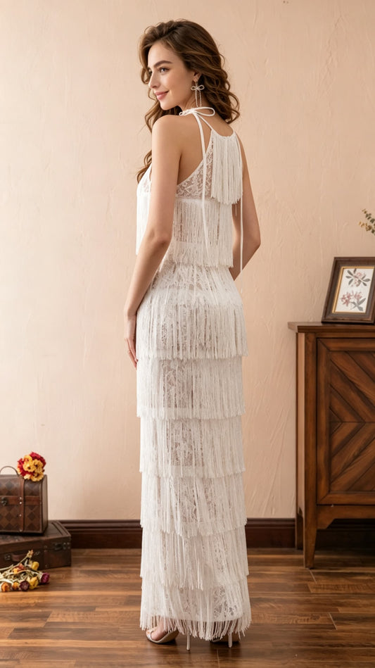 Gorgeous Straight White Evening Dress Halter Lace Long Formal Dress LFNL0603