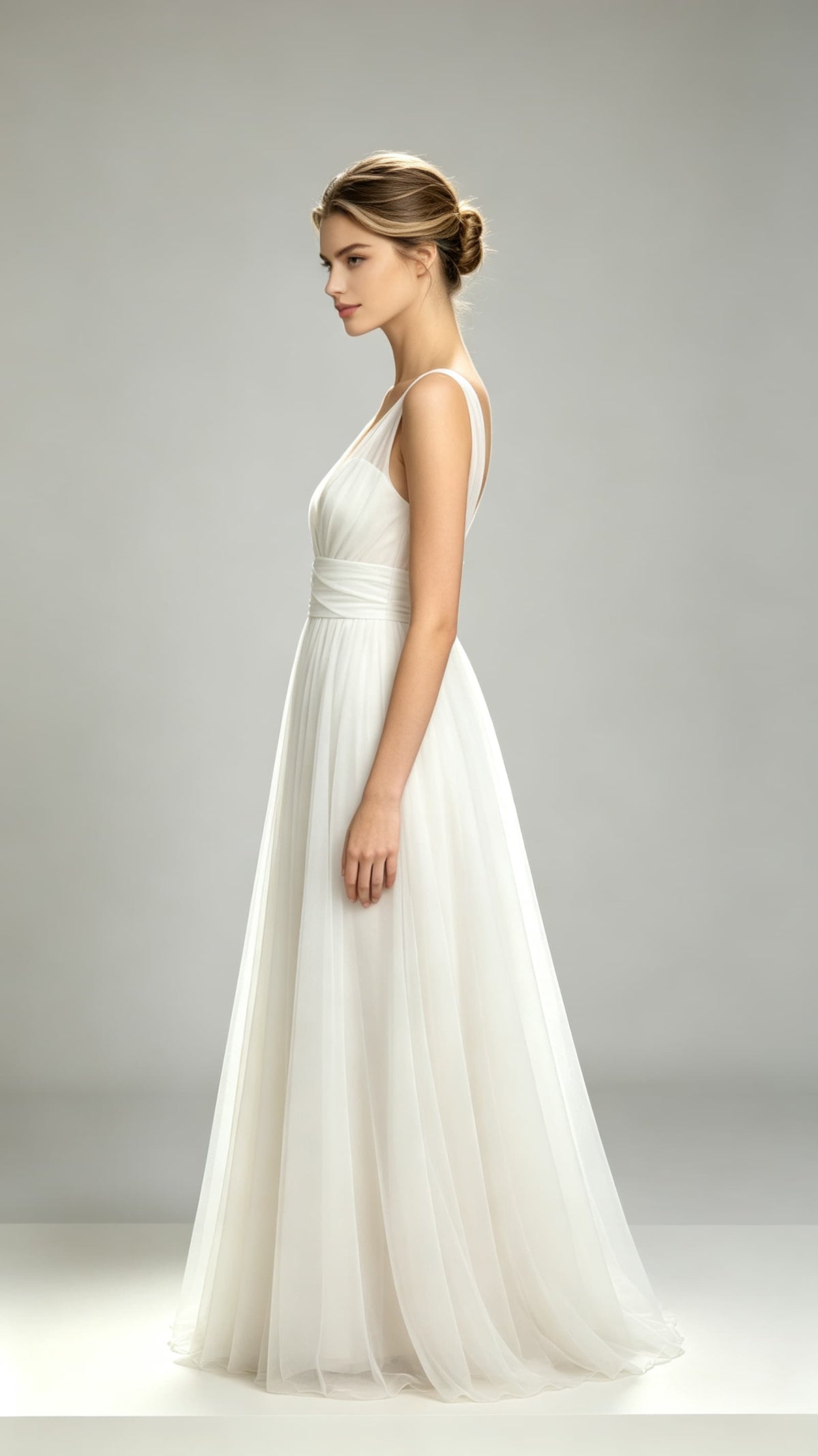 Effortless A-line White Evening Gowns V Neck Tulle Maxi Dress LFNL0792