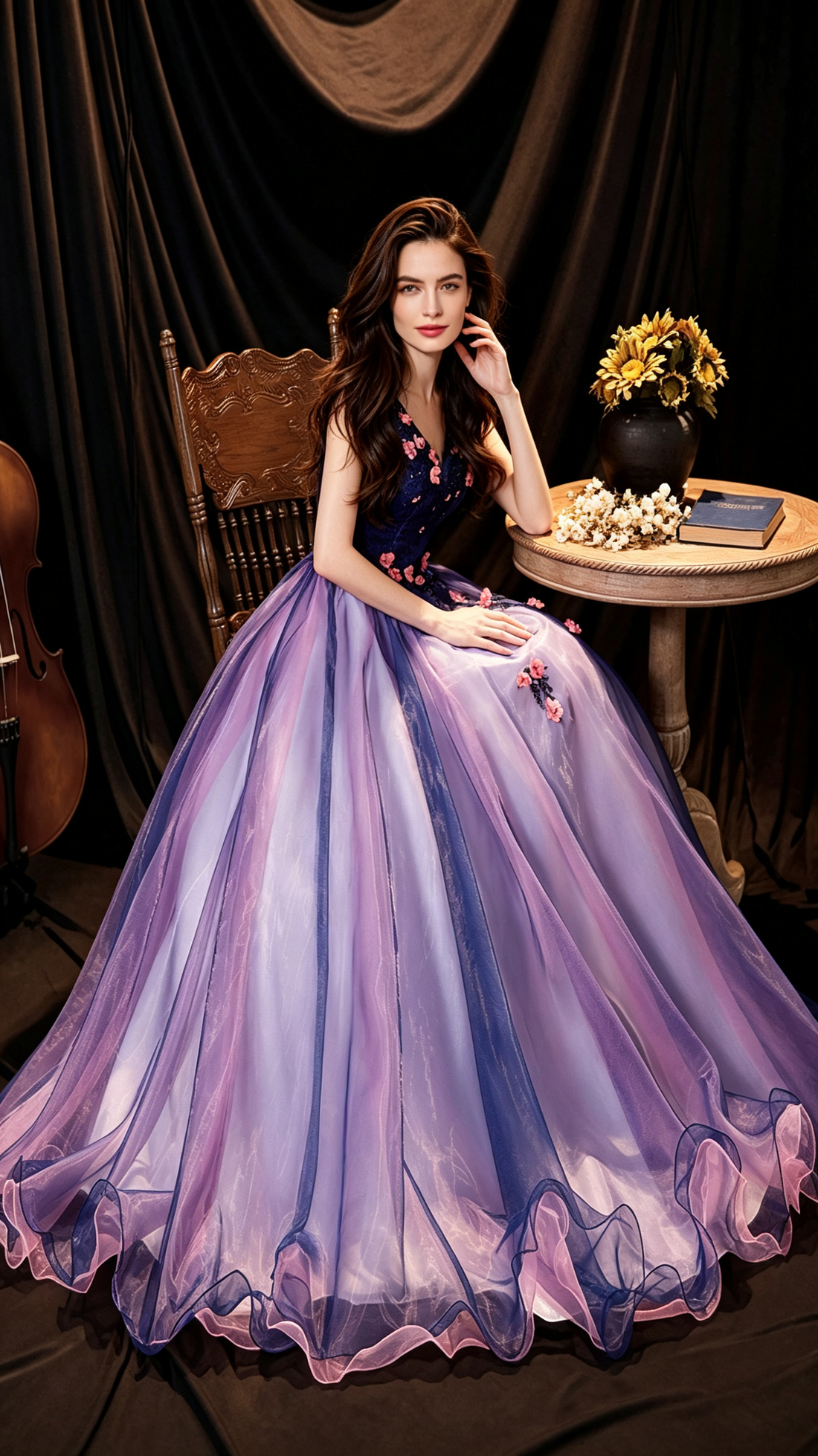 2026 Trending Formal Gown — Deep Blue Purple Ombre Tulle Ball Gown with Floral Embellishment