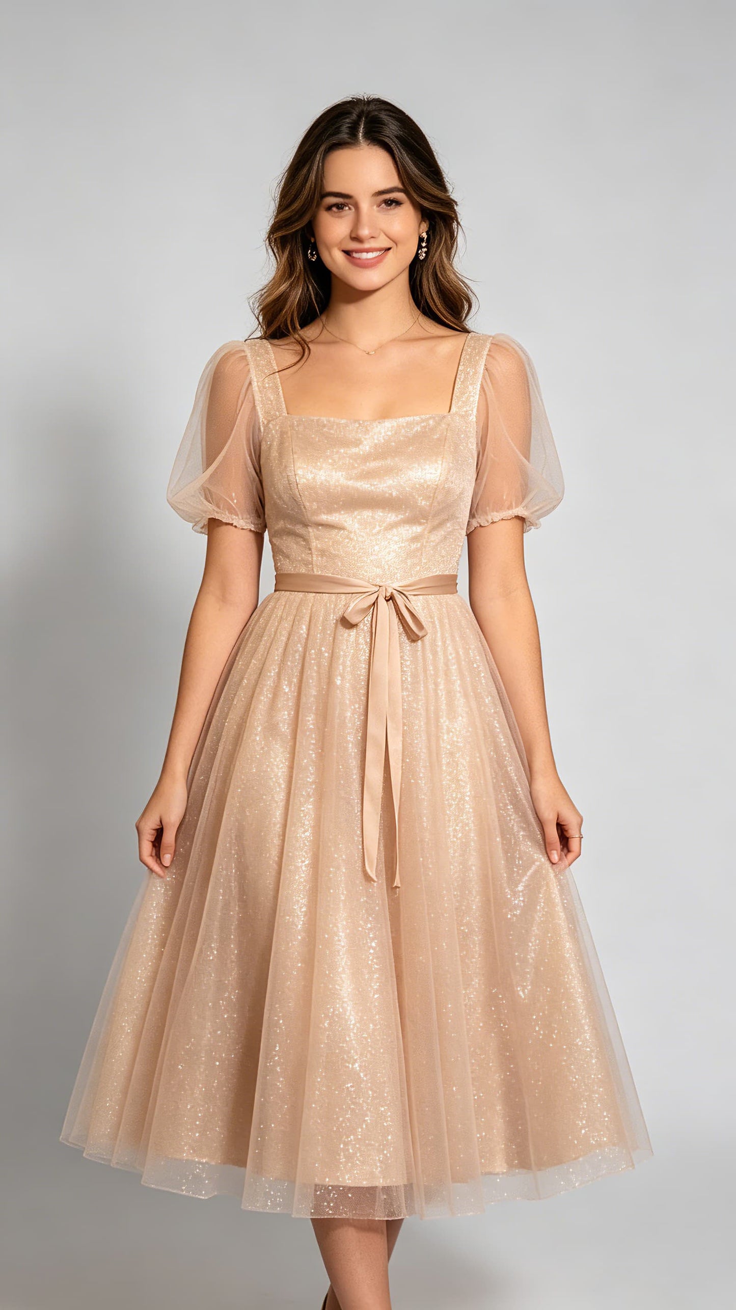 Polished A-line Champagne Bridesmaid Gowns Straps Sparkle Tulle Midi Formal Dresses LFNG0011